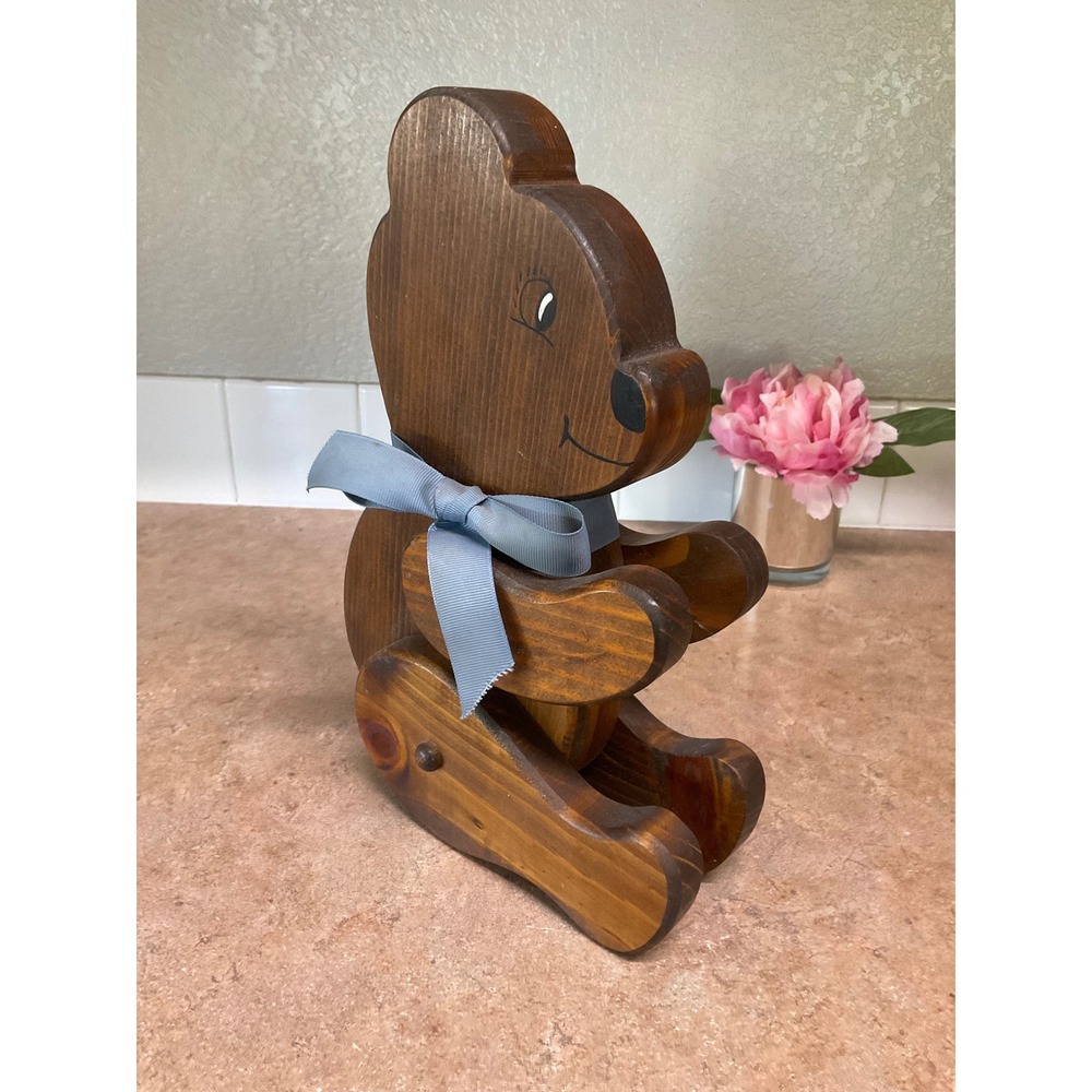 Vintage Handcrafted Wooden Teddy Bear Figurine Nursery Decor Blue Ribbon 13in
